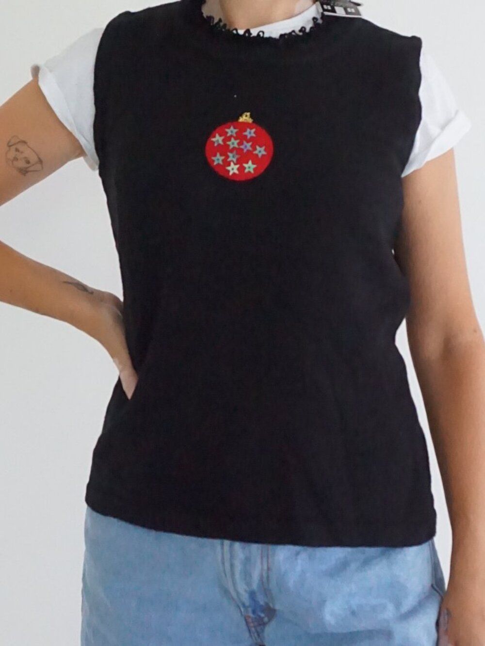 Vintage Storybook Knits Black Ornament Stars Sequin Ugly Christmas Vest S